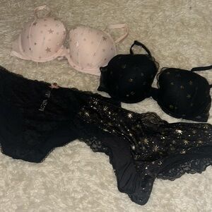 NWOT Victoria's Secret Star Bra and Panties Black Mesh *Holiday* *Starry*